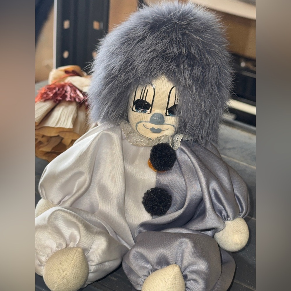 Vintage fluffy Gray and White little Clown Doll